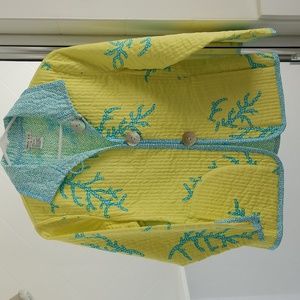Patty Kim women's size small yellow, white and turquoise quilted jacket.